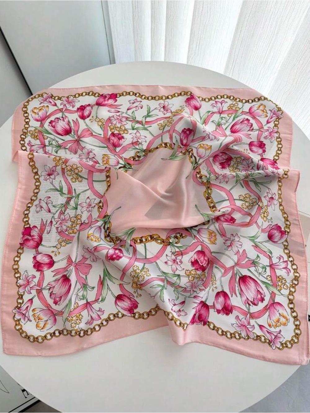 Elegant Pink Floral and Chain Silk-Like Scarf - Picture 2 of 3